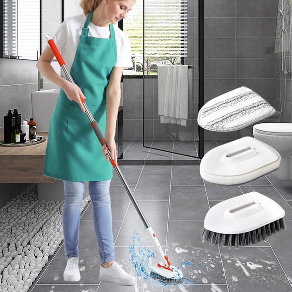 pstuiky Long Handle Scrub Brush Flexible Head with 3 Attachments for Tile Grout & Hard Floors 52.36 Inch Bathroom & Kitchen Cleaning Tool Multi-Surface Tub, Shower, Toilet & Baseboard Cleaner