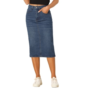 INSPIRE CHIC Jupe Midi en Denim Taille Haute pour Femme Jupe en Jean Extensible avec Fente Arrière et Poches Bleu TP