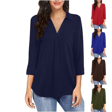 breaise Womens Collared V Neck 3/4 Sleeve Shirts Business Casual Tops Loose Work Blouses 2025 Summer Tops S-XXL