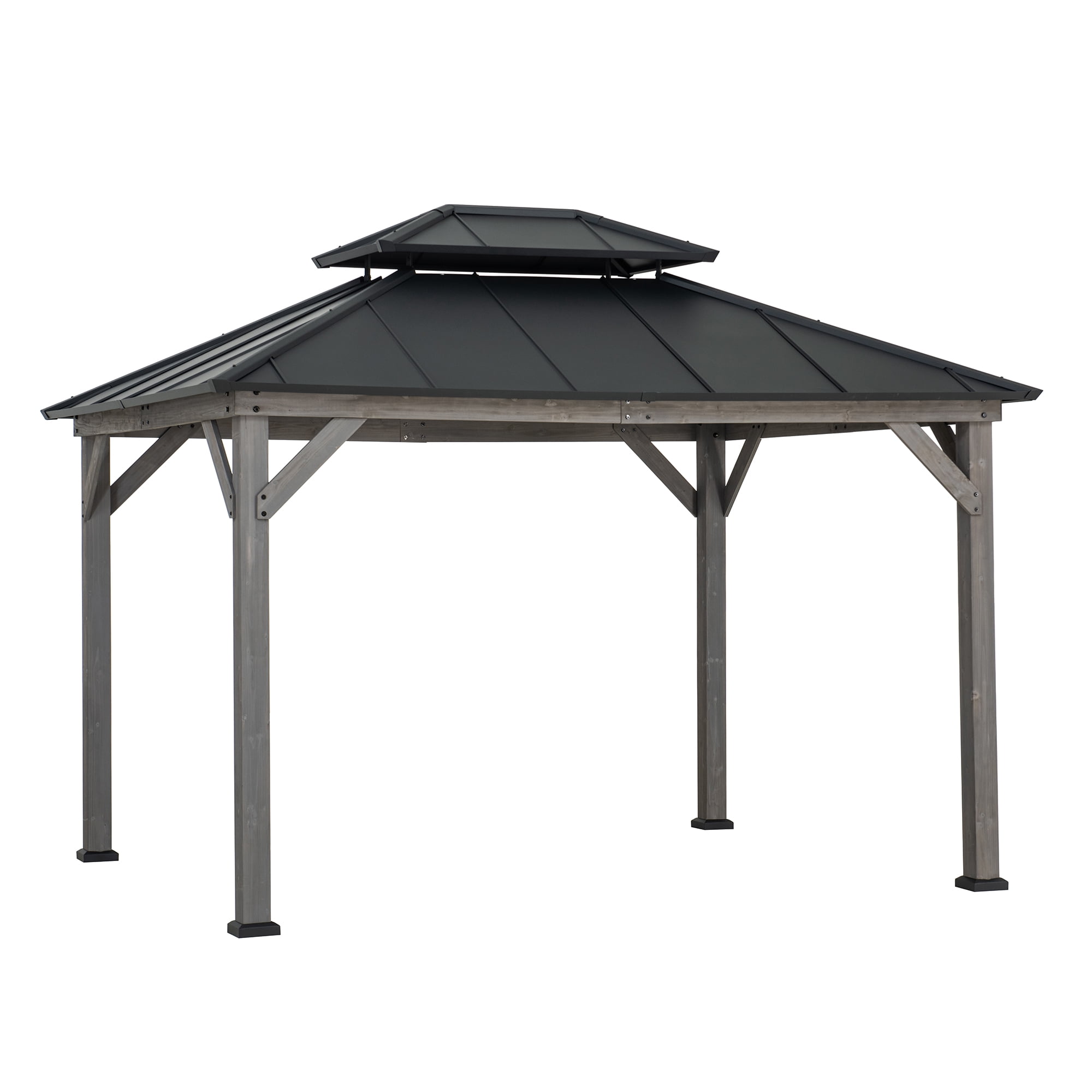 Sunjoy Gazebo Tonnelle 3 x 3.6 m d'extérieur à deux niveaux avec toit rigide Gazebo à structure en cèdre gris avec toit rigide en acier