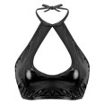 thumbnail image 1 of RUNQHUI Women's Shiny Metallic Keyhole Crop Top Halter Backless Rave Bandeau Vest Bra Clubwear Black One Size, 1 of 6