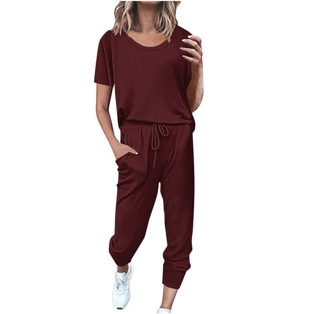 Timegard 2 Piece Sets for Women Summer Short Sleeve Tops and Drawstring Pants with Pockets Comfy Casual Sets