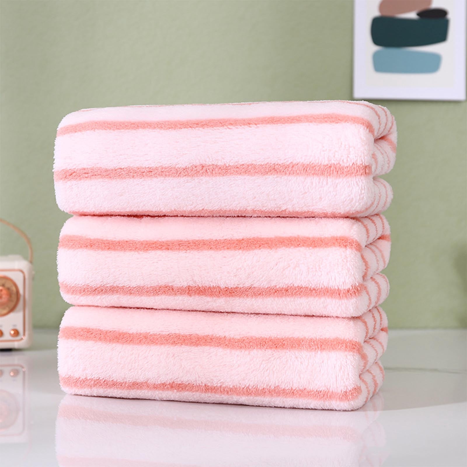 pstuiky 30"X60" Bath Towels Set of 3, Super Soft & Highly Absorbent, Coral Fleece Striped, Quick-Dry, Adult Face & Hand Towels