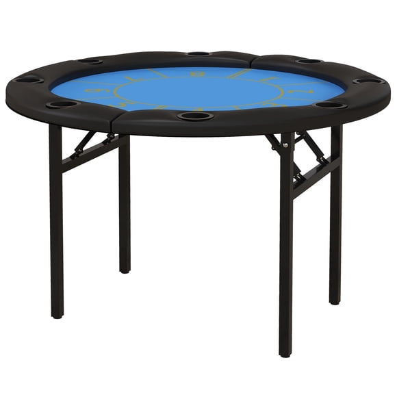 Soozier 47" Round Foldable Poker Table – Blackjack & Texas Hold'em Game Table with 8 Cup Holders, Blue & Black MDF/Steel Design for Home Game Room Use