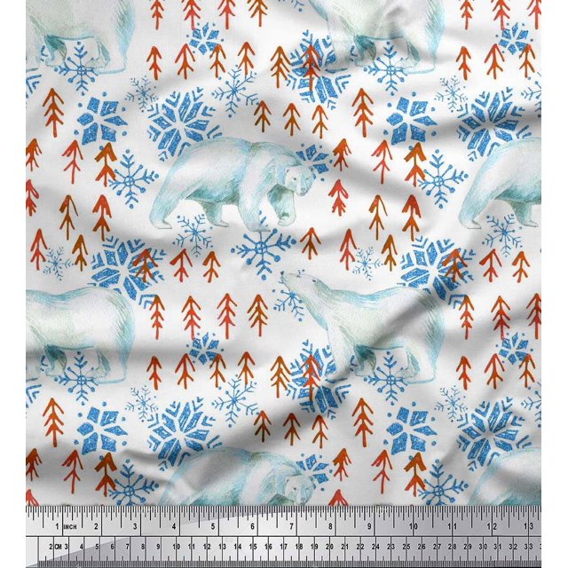 Soimoi Poly Georgette Fabric Snowflake & Polar Bear Animal Printed Craft Fabric by The Yard 52 Inch Wide