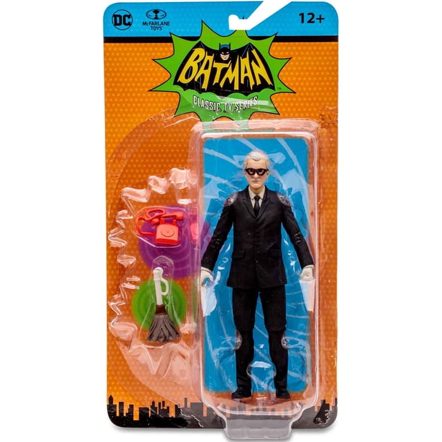 DC Retro Batman 1966 6 Inch Action Figure Wave 10 featuring Alfred Pennyworth, manufactured by McFarlane Toys. The multicolour figure is packaged in a vibrant card with accessories including a red telephone, broom, and other items. Part of the TV & Movie Action Figures category, suitable for ages 12 and up.