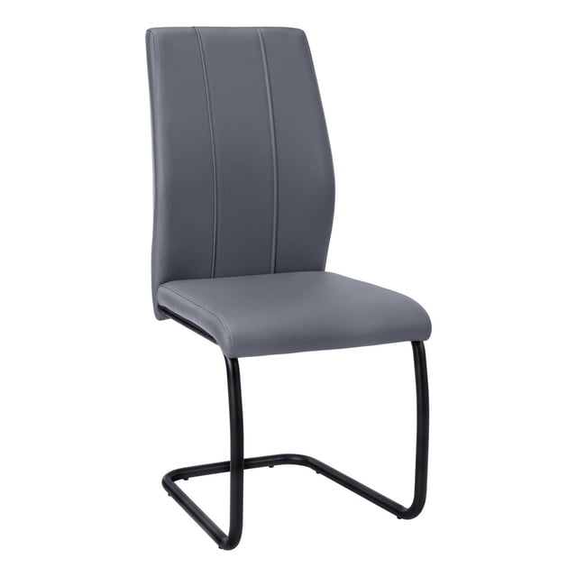 Monarch Specialties Dining Chair, Set Of 2, Side, Upholstered, Kitchen, Dining Room, Pu Leather Look, Metal, Grey, Black, Contemporary, Modern dining chair with grey PU leather-look upholstery featuring two vertical stitched seams on the backrest, cushioned seat, and a black U-shaped metal base, ideal for space-saving kitchen or dining room seating and often used as extra seating in small apartments.