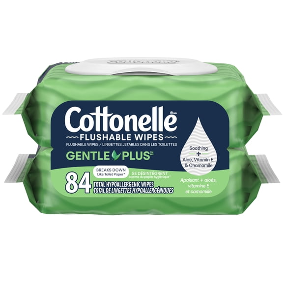 Cottonelle Gentle Plus Flushable Wet Wipes, 2 Flip-Top packs, 84 Wipes