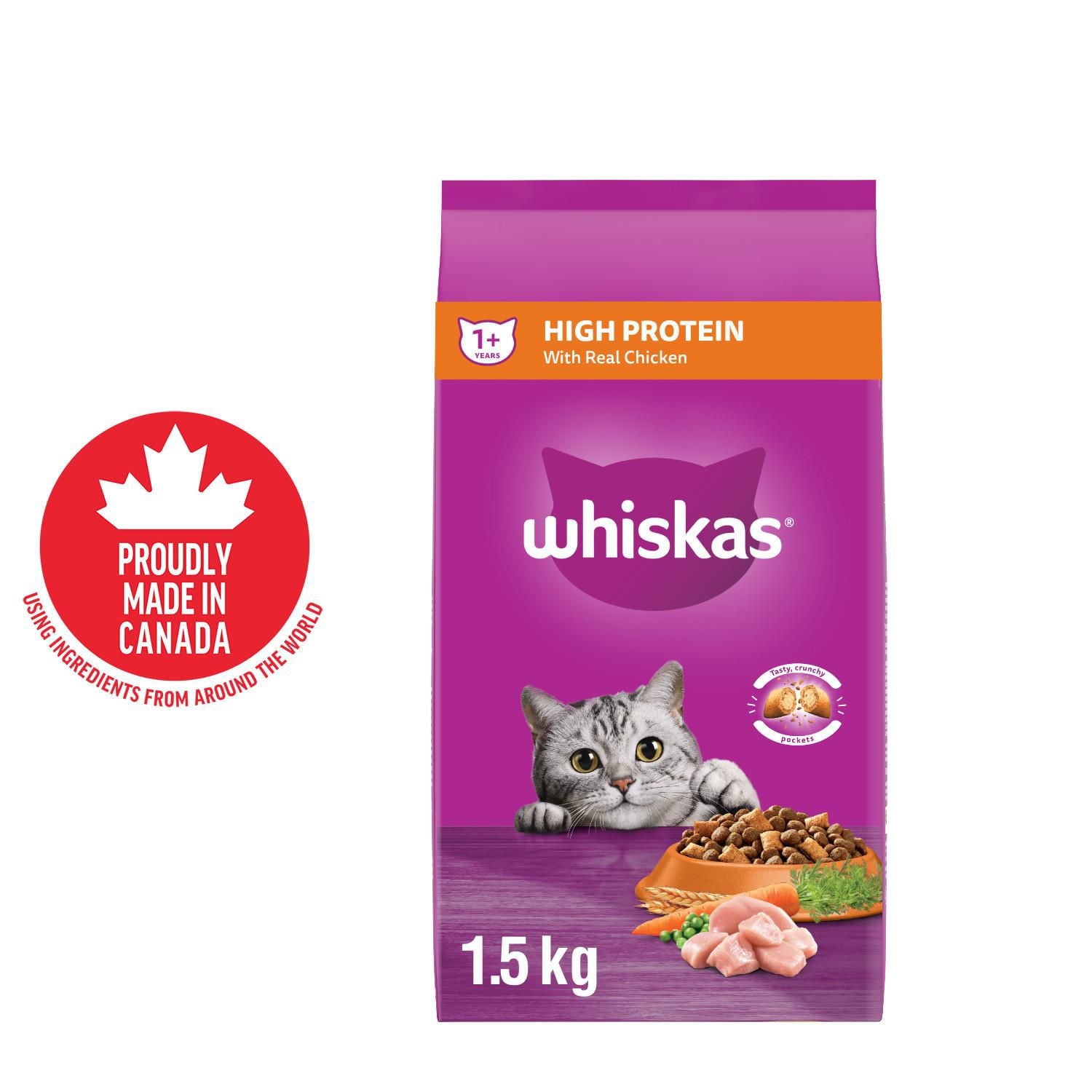 WHISKAS Adult Dry Cat Food, High Protein, Real Chicken Flavour