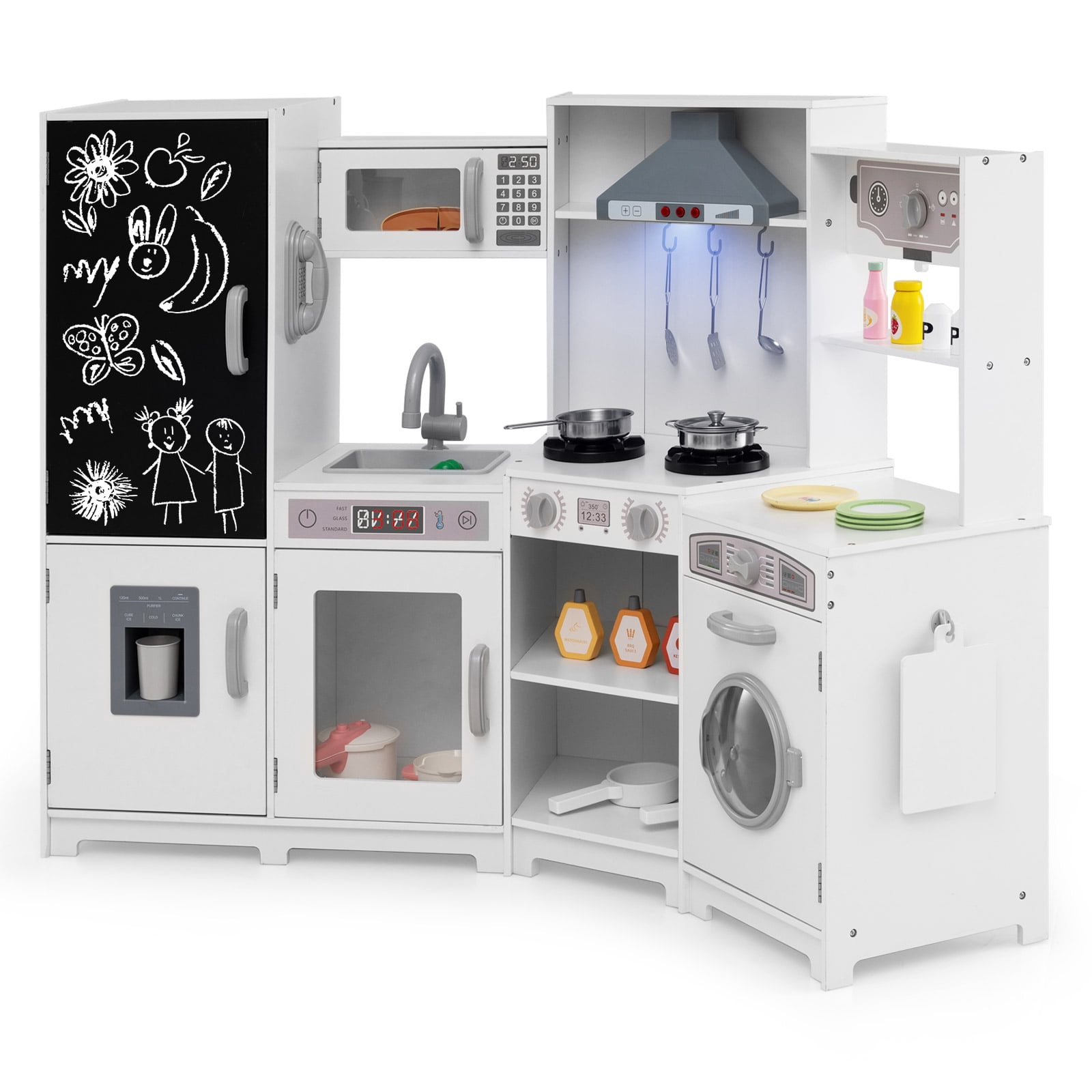 Patiojoy Corner Wooden Play Kitchen with Lights & Sounds Large Pretend Play Kitchen Set White