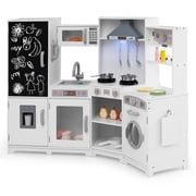 Gymax Corner Kids Play Kitchen Wooden Pretend Toy Kitchen w/ Realistic Lights White
