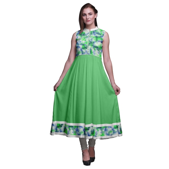 Bimba Robe Anarkali Teinture sur Nœuds Vert Menthe2 Col Mandarin Sans Manches Kurtis pour Femmes Imprimé Robe Maxi Très Grande
