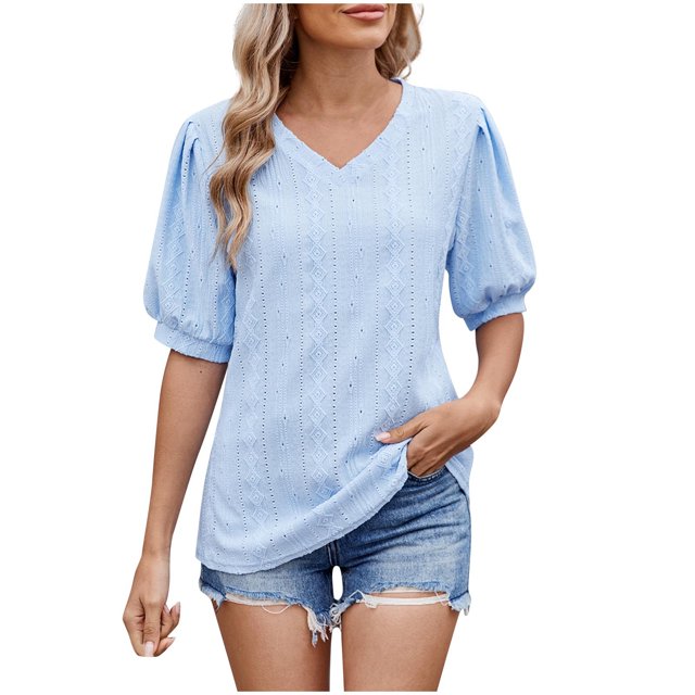 Annhoo Hauts d'Été pour Femmes 2025 Blouses à Col Rond à Œillets Manches Bouffantes Décontractées Tendance Unies pour Sortir