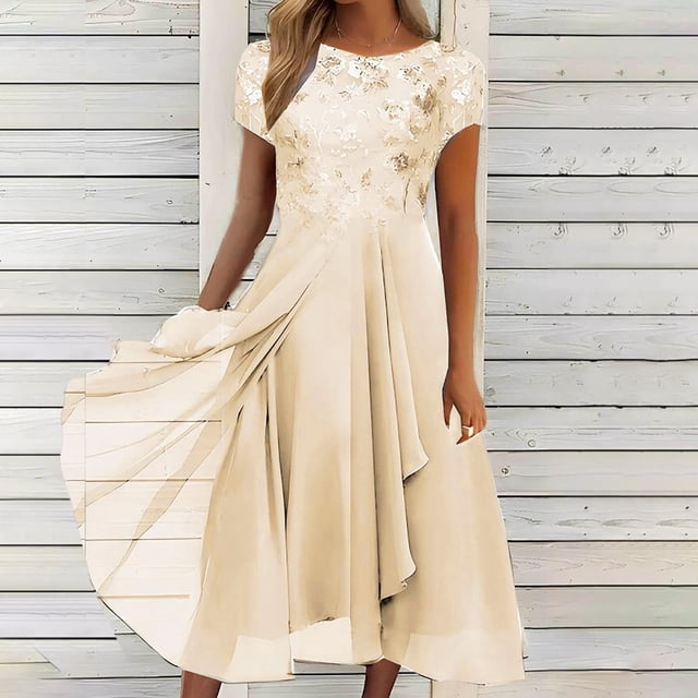 EGNMCR Robes de Soirée pour Femmes, Robes Formelles pour Femmes, Robes de Cocktail pour Femmes Femmes Unies à Manches Courtes Col Rond Dentelle Mousseline Maille Taille Robes de Fête Jupe en Mousseline pour Femmes