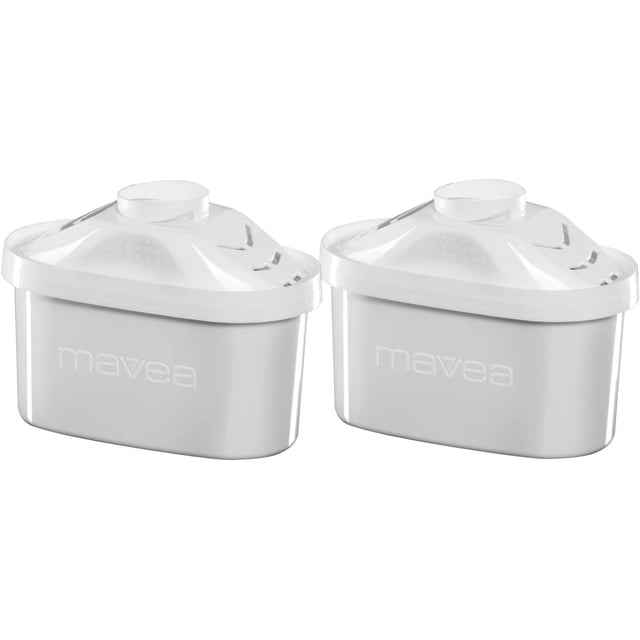 2-Pack Replacement Filter for Mavea Water Filtration Pitcher, designed for improved filtration performance. The white filters feature a micro-screen to reduce black particle release and are treated with silver to inhibit bacterial growth. Certified by the Water Quality Association to NSF standards 42 and 53, they effectively reduce chlorine taste, heavy metals, and industrial pollutants. Ideal for Mavea pitchers and compatible with select Tassimo coffee machines, these replacement water filters are eco-friendly and recyclable.