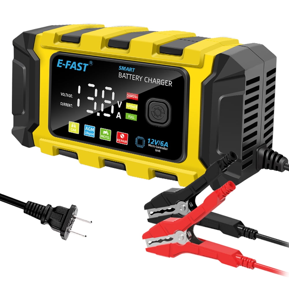 E-FAST Car Battery Chargers 12V/6A Full Automatic Battery Chargers Maintainer Portable Trickle Chargers Battery Desulfator for Car Motorcycle Leadacid Batteries