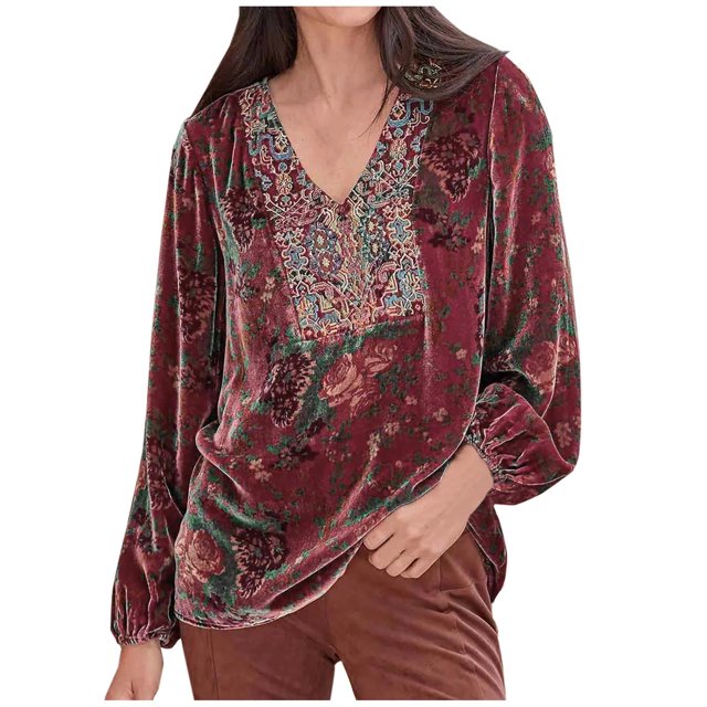 IROINID Reduced Womens Plus Size Tops Round-Neck Long Sleeve Print Lounge T-shirt Blouse,Red