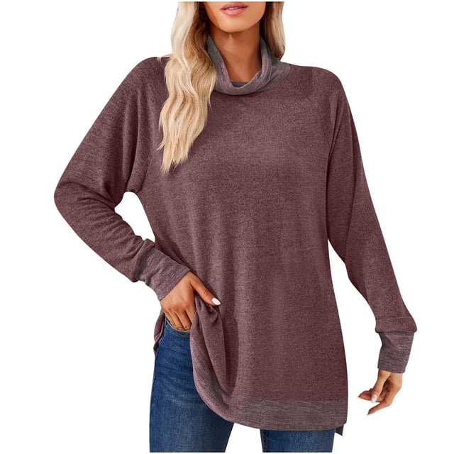 Timegard Tops for Women High Neck Long Sleeve Side Split Color Block Tshirts Fall Casual Loose Tops