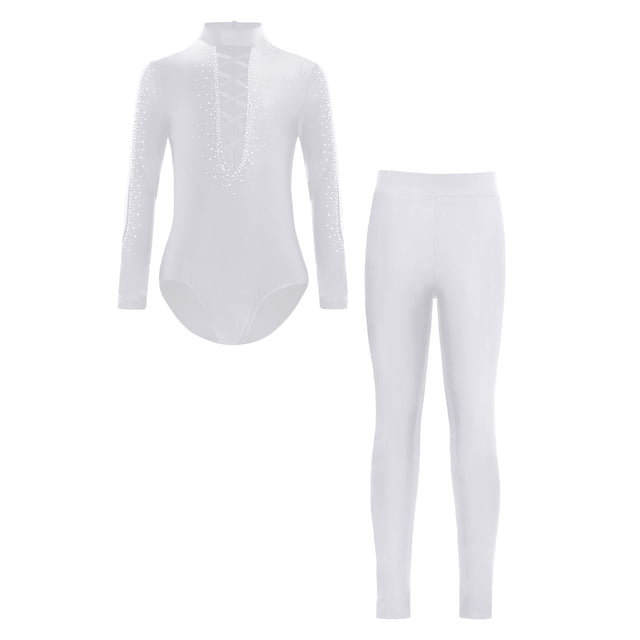 Manyakai Garçons Enfants Justaucorps de Gymnastique à Manches Longues avec Strass Haut avec Pantalon Combinaison Classique Tango Samba Rumba Tenue de Danse Blanc 10