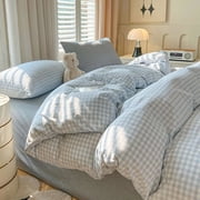 Nayoroom 3 Pieces Boho Blue Plaid Bedding Set Blue Grid Duvet Cover with Zipper Ties 100% Washed Microfiber Bedding Set Luxury Soft Breathable Durable,Queen Size