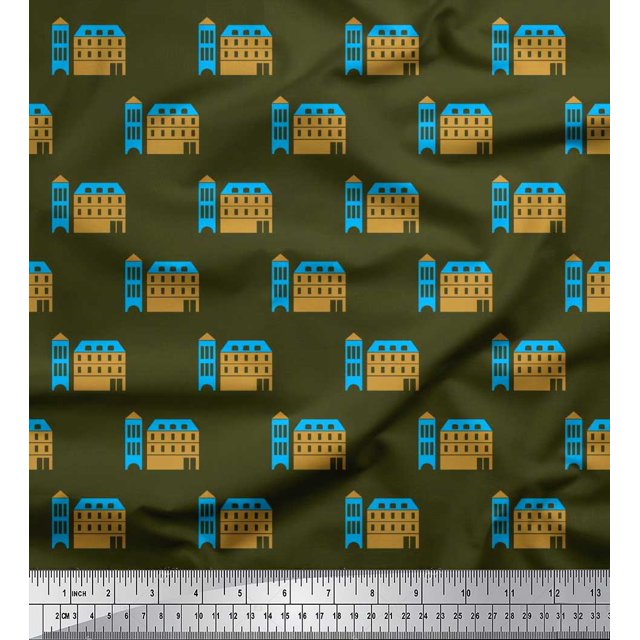 Soimoi Silk Fabric House Architectural Print Fabric by the Yard 42 Inch Wide