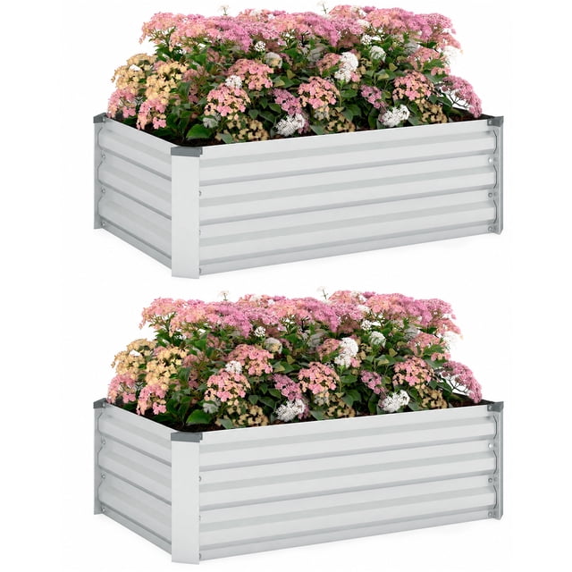 Outsunny Raised Garden Beds Set of 2, Galvanized Planter Box, Silver