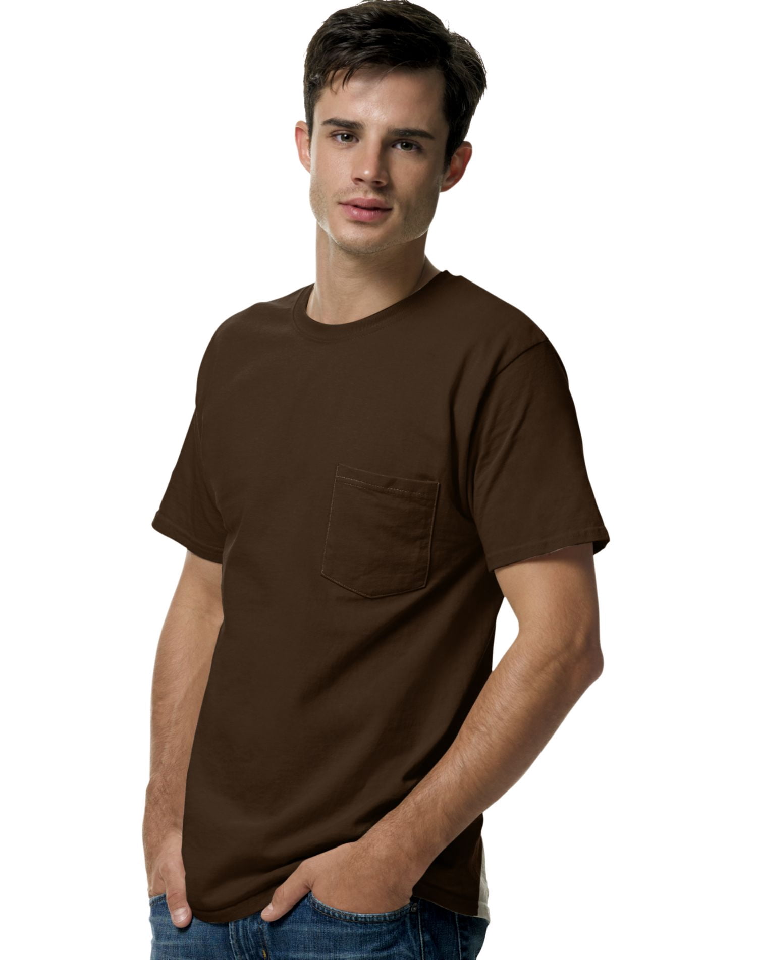 Hanes T-Shirt à Poche pour Hommes Sans Étiquette, L, Chocolat Foncé