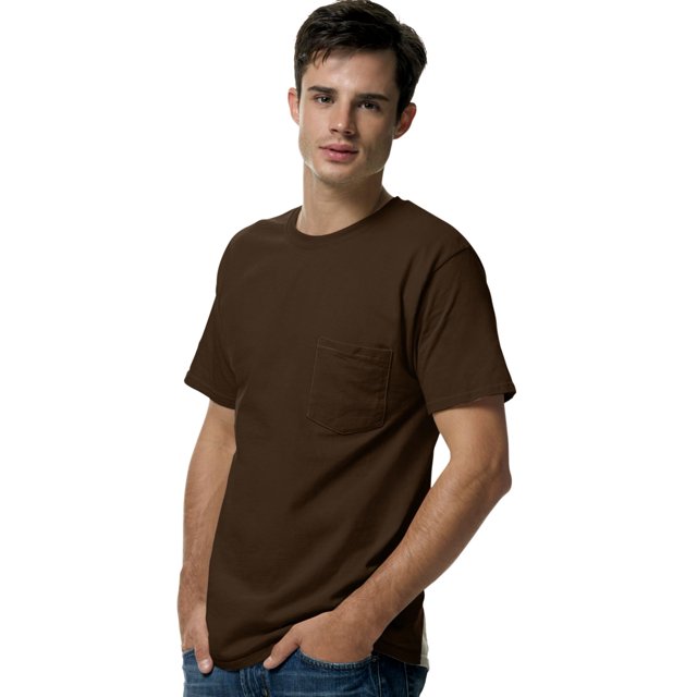 Hanes TAGLESS Men`s Pocket T-Shirt, L, Dark Chocolate