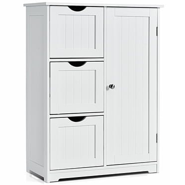 Costway Armoire de Salle de Bain au Sol Armoire de Rangement Latérale avec 3 Tiroirs et 1 Placard Blanc