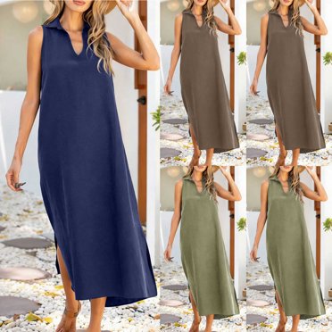 QIUOMBBP Robes Maxi de Plage pour Femmes Grande Taille Décontractées d'Été en Lin Robe d'Été pour les Vacances Sans Manches à Col en V à Col Chemise Longue Robe Café L