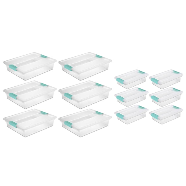 Sterilite Grand Contenant de Rangement à Pince (Lot de 6) + Petite Boîte à Pince (Lot de 6) Comprenant six Grands et six Petits Bacs de Rangement Transparents avec Loquets Bleus pour aquarium. les Grandes Boîtes Mesurent 14 x 11 x 3 1/4 Pouces, Idéales pour Organiser le Papier, les Cahiers et les Fournitures d'Artisanat. les Petites Boîtes Mesurent 11 x 6 5/8 x 2 3/4 Pouces, Convenant au Rangement de Fournitures de Bureau, de Matériaux d'Art Ou d'Articles d'Armoire à Pharmacie