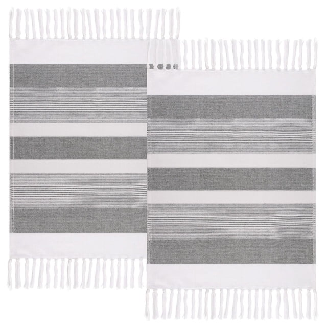 Hometrends Lot de 2 Linges de Cuisine avec Rayures Horizontales Blanches et Grises de Épaisseur Variable, Faits de 100 % Coton, Chaque Serviette Finie avec une Frange Torsadée Blanche aux Deux Extrémités, Idéal pour le Linge de Cuisine et Convient pour Sécher la Vaisselle Ou Essuyer les surfaces.