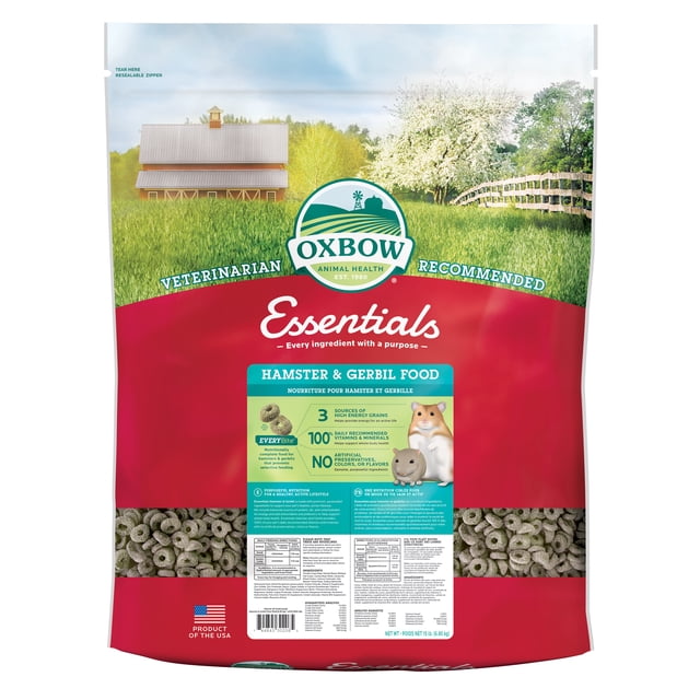 Nourriture Essentielle Oxbow pour Hamster et Gerbille, Sac Scellé de 15 Lb pour Hamster et Gerbille Orienté vers l'Avant avec Nom du Produit et Poids Visibles; le Fabricant Décrit une Formule Équilibrée en Granules avec Foin timothy Riche en Fibres et Vitamines et Minéraux Complets au Quotidien, Souvent Utilisée comme Aliment de Base Ou pour l'Enrichissement de la Fouille des Petits Animaux.