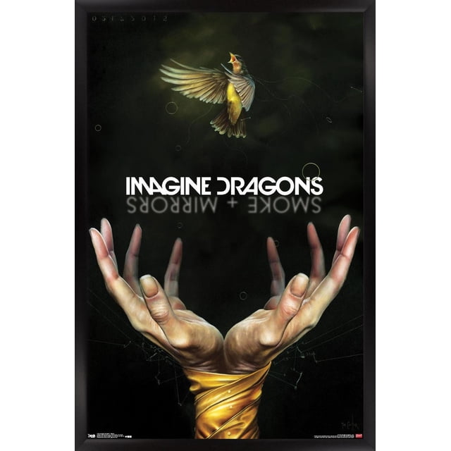 Imagine Dragons - Smoke Wall Poster, 22.375" x 34" framed wall art featuring two realistic hands wrapped in golden fabric reaching upward on a dark background, a small bird flying above, and the band name 'Imagine Dragons' in bold white text, suitable for bedroom or office wall decor.