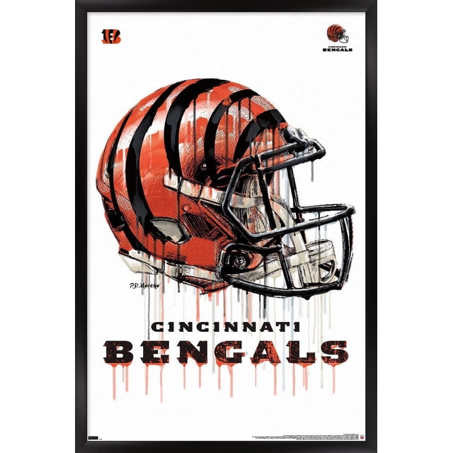 NFL Cincinnati Bengals - Affiche Murale « Drip Helmet 20 » avec Cadre Magnétique, 22,375 Po x 34 Po Présentant une illustration Artistique d'Un Casque de football des Cincinnati Bengals orange avec des Rayures de Tigre Noir et un Masque Facial Noir, avec des Effets de Peinture « Drip » sur un Fond Blanc et un Texte « Cincinnati Bengals » Audacieux Ci-Dessous, Encadré dans un Cadre Magnétique Noir, Convient pour Décorer des Chambres, des B