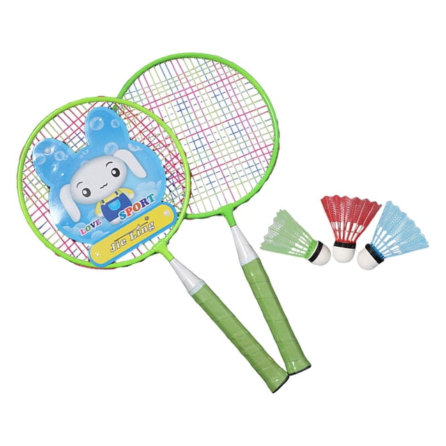 HILABEE Badminton Racket for Children, featuring a pair of lightweight green badminton rackets with colourful string patterns and ergonomic handles. Includes three badminton shuttlecocks in red, green, and blue, made of iron alloy and PP material for durability. Designed for kids to play outdoors, improve coordination, and enhance parent-child interaction. Racket dimensions are 45cm x 22cm (17.72in x 8.66in).