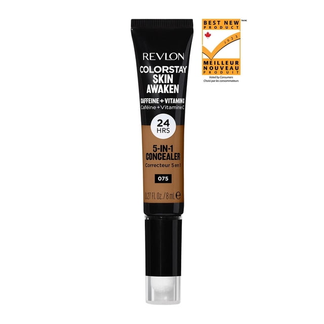 Revlon ColorStay Crème Correctrice Skin Awaken Teinte 075, un Correcteur 5-en-1 Longue Tenue avec Caféine et Vitamine C, en tube Noir et Brun avec Applicateur à Embout Éponge Antibactérien Clair, Offrant une Couvrance Naturelle de 24 Heures et des Effets Éclaircissants.