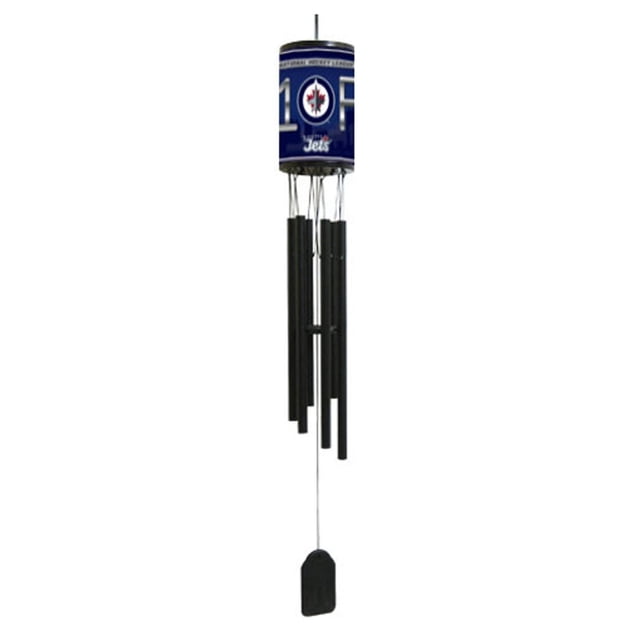 NFL Wind Chime Winnipeg Jets featuring a 30.5-inch cylindrical top with the Winnipeg Jets logo, team name, and #1 Fan graphic in official team colors, six matte black aluminum tubes producing mellow sounds, and a black plastic wind catcher, suitable for indoor or outdoor patio and garden decoration.