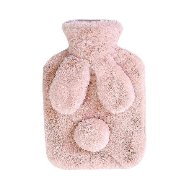 EGNMCR Hot Water Bottle, 1L hands-in hot water bag with a soft plush cover in a light pink color. The design features a bunny-inspired look with floppy ears and a pom-pom tail, providing a cozy and stylish option for hot compress therapy. Ideal for warming hands, feet, or other areas during cold weather. Made of durable PVC material with a removable and washable cover for added convenience. Suitable as a Christmas or birthday gift for women, girls, and kids.