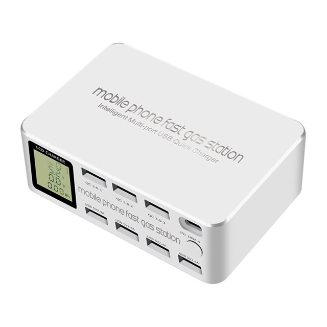 100W 8 Port Smart LED Display Multi USB Charger Station PD 18W+QC3.0 Fast Charging Adapter Station ,Easy to Use