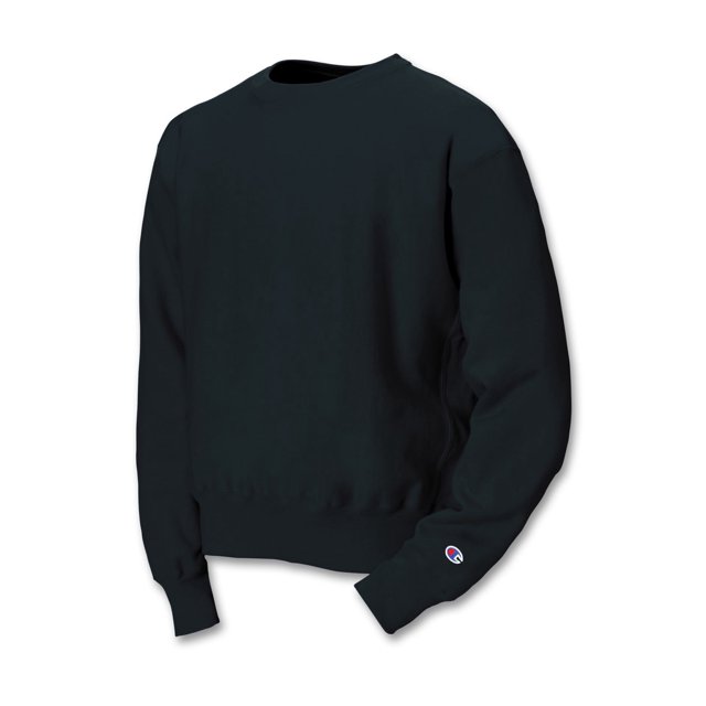 Champion Men`s Reverse Weave Crew sweatshirt in navy, size L. Designed with a reverse weave stitch to resist vertical shrinkage, maintaining its length after laundering. Made from 82% cotton and 18% polyester, with ribbed underarms, sides, and bottom band. Features the Champion logo on the sleeve.