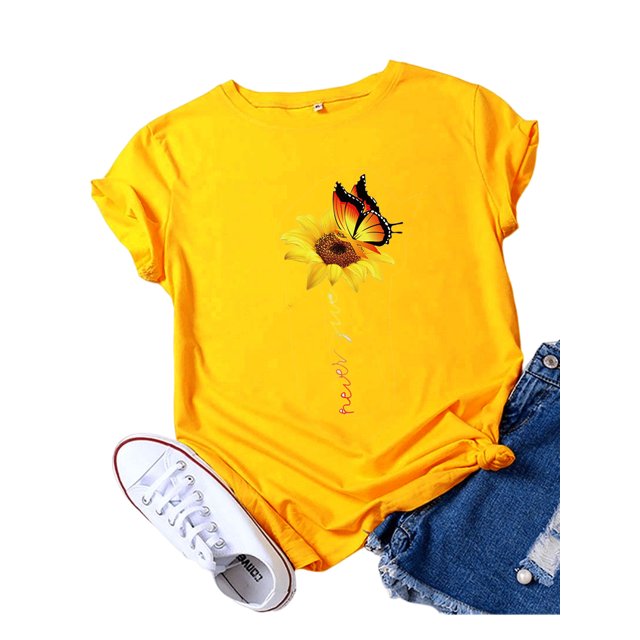 Innerwin Tee Butterfly Letter Printed Ladies T Shirt Holiday Short Sleeve Basic Tops Golden XXL