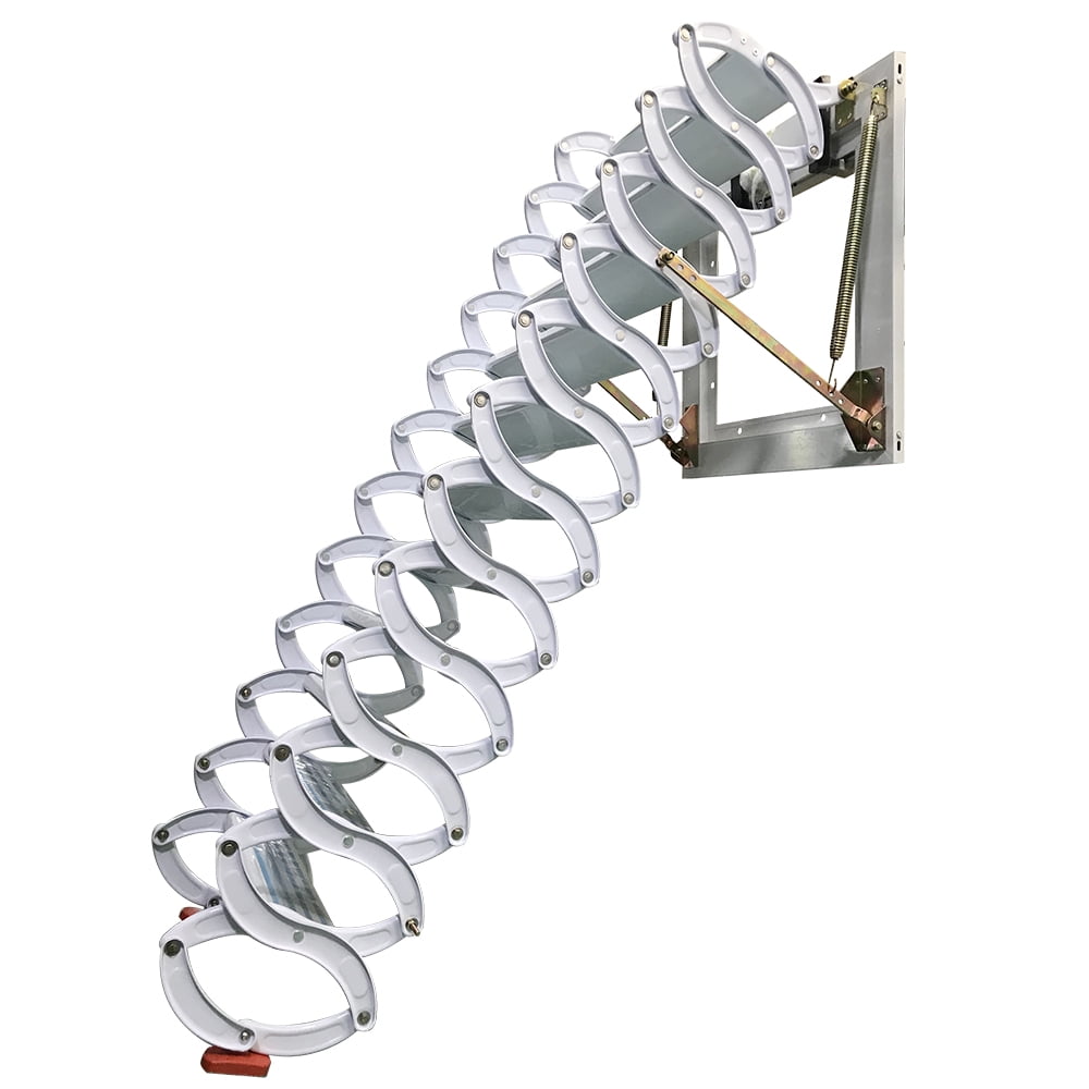 INTBUYING Wall Mounted Folding Ladder Loft Ladder Attic Stairs with Armrests Al-mg Alloy White