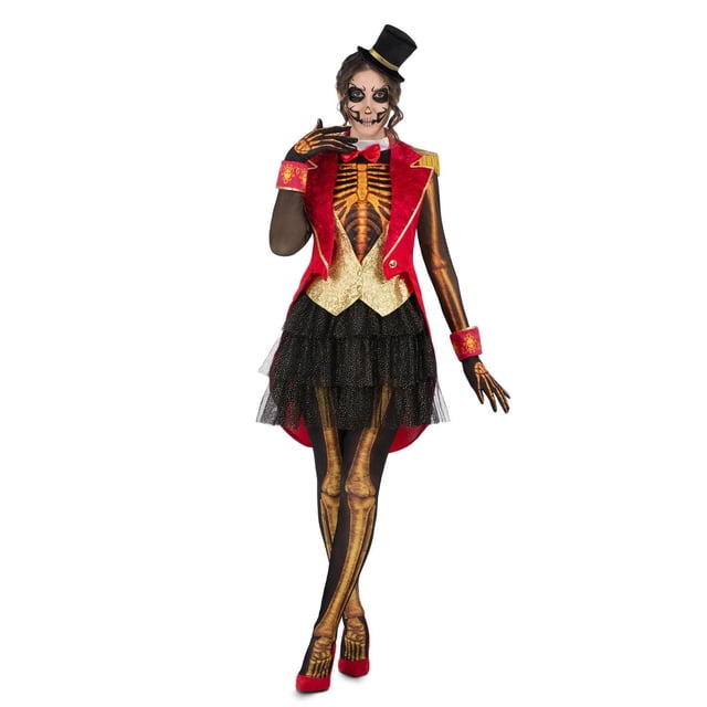 Adult Premium Dark Circuss Ring Mistress Costume featuring a red sleeveless coat with gold epaulets and lapels, a gold vest, black tiered tulle skirt, and black tights printed with gold skeleton bones, paired with red heels and a black top hat with a gold band, suitable for Halloween celebrations.