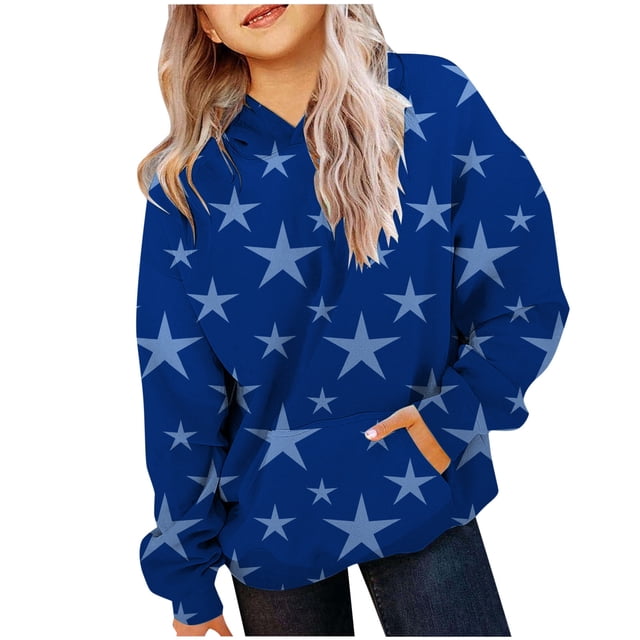 FAOWME Sweat à Capuche Imprimé à Manches Longues pour Filles Chandail Bleu 3-4 Ans