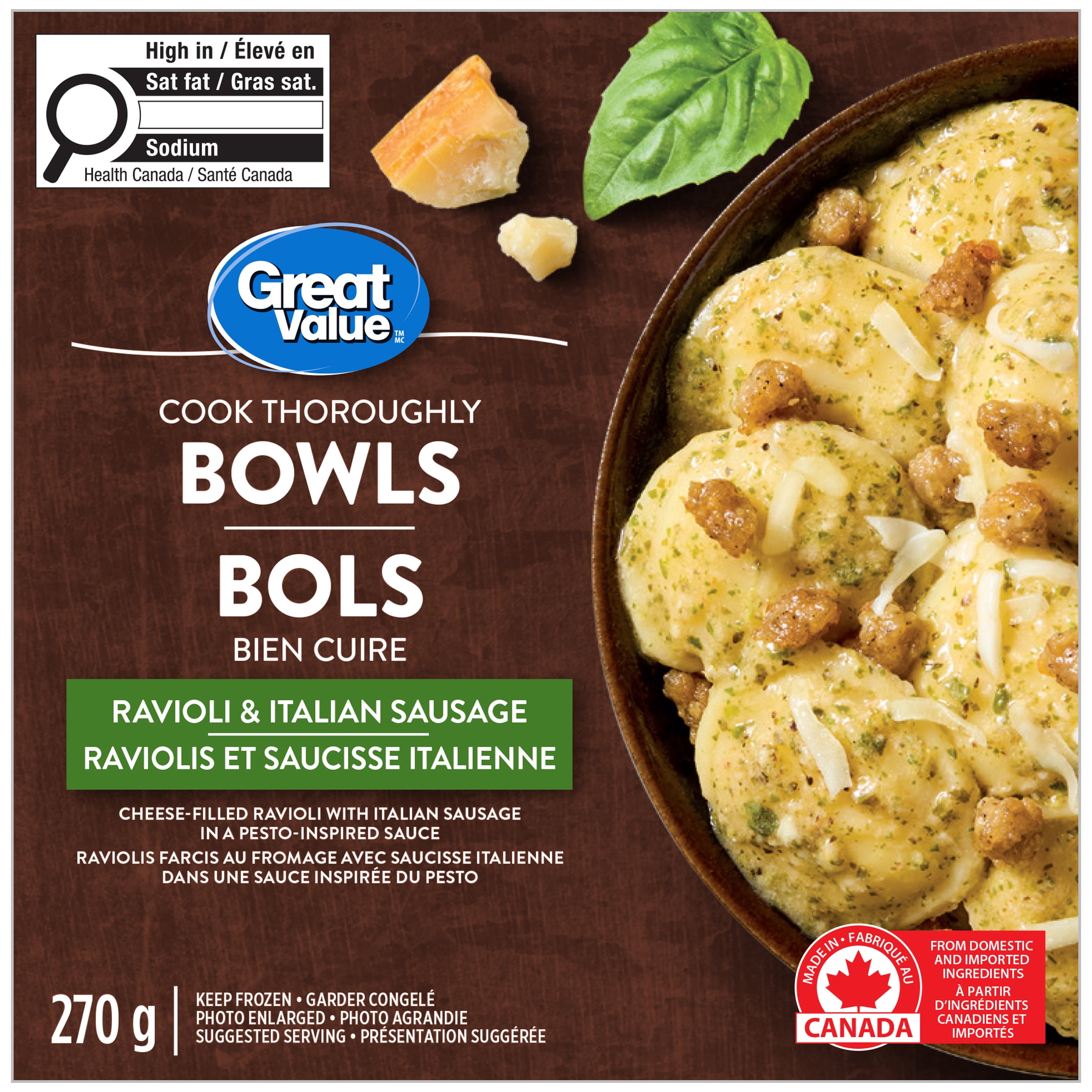 Great Value Ravioli & Italian Sausage Bowls, 270 g