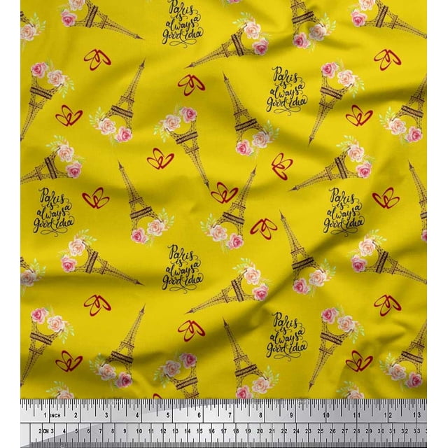 Soimoi Cotton Cambric Fabric Text,Floral & Eiffel Tower Architectural Decor Fabric Printed Yard 56 Inch Wide