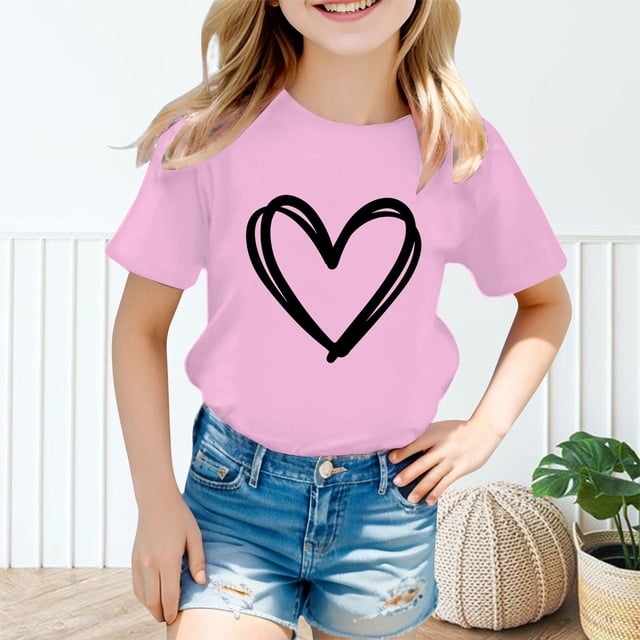 Vêtements pour Filles T-Shirt à Col Rond Imprimé à Manches Courtes pour Filles, Conçu en Mélange de Coton Rose avec un Graphique de Cœur Noir. Ce T-Shirt Léger et Respirant Est Parfait pour les Tenues d'Été et les occasions Décontractées. Assorti à des shorts en denim, Il Complète les Tendances Vêtements pour Filles d'Asie du Sud. le Décor Intérieur Présente des Éléments Décoratifs comme un pouf Tissé et une Plante en Pot, Ajoutant une Touche Culturelle.