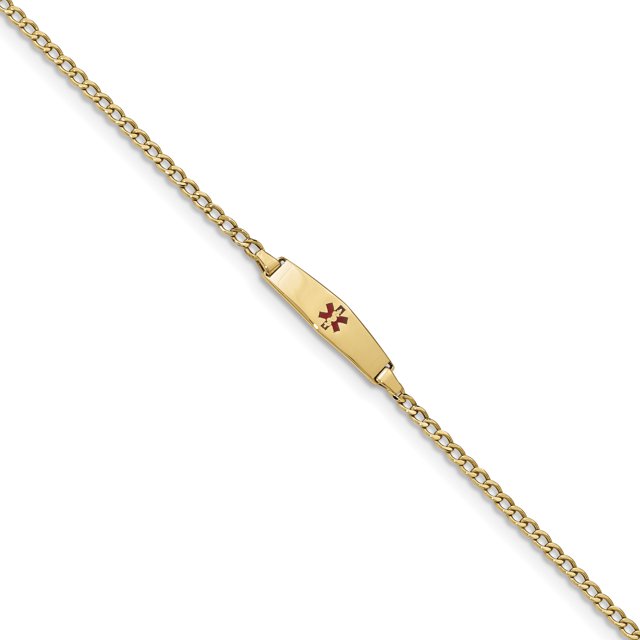 14k Medical Soft Diamond Shape Red Enamel ID with Semi-Solid Cuban Bracelet 6 Inch "Bracelets