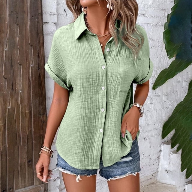TINZ Chemise à Manches Chauve-Souris Boutonnée Unie à la Mode et Décontractée pour Dames, Manches Courtes, Automne, pour Femmes, Tunique de Baseball à Manches Longues pour Femmes
